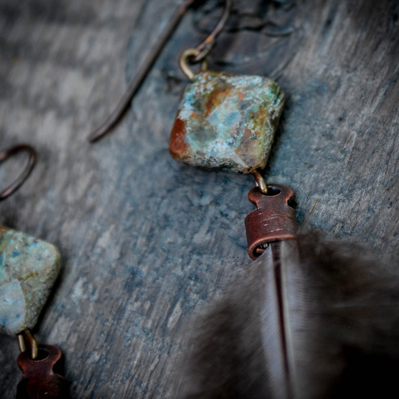 Handcrafted Feather & Green Opal Boho Earrings - Picture 2 of 3